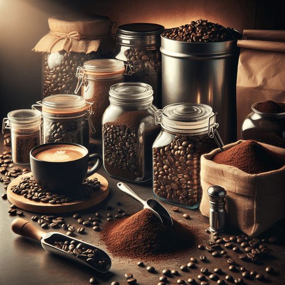 Table with coffees in jars and storages